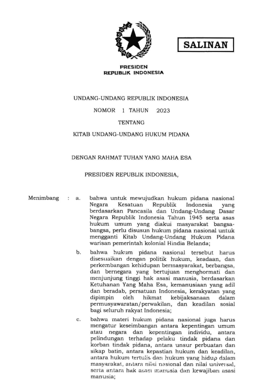 Undang-Undang Nomor 1 Tahun 2023 tentang Kitab Undang-Undang Hukum Pidana (KUHP)